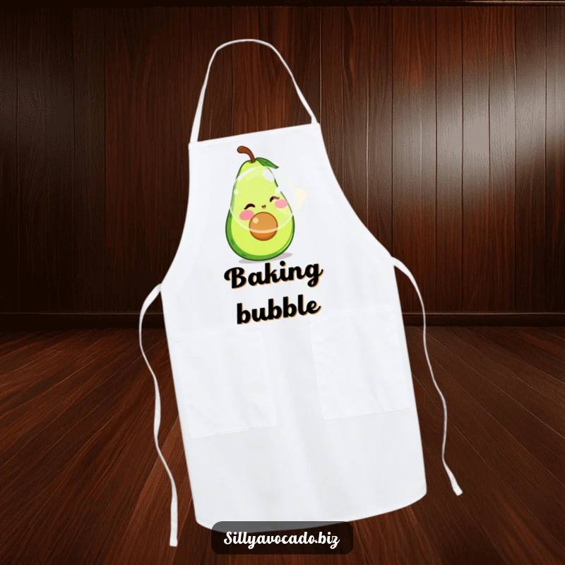 Funny apron showcasing a rosy-cheeked avocado blowing a giant bubble, adding a whimsical touch to cooking.