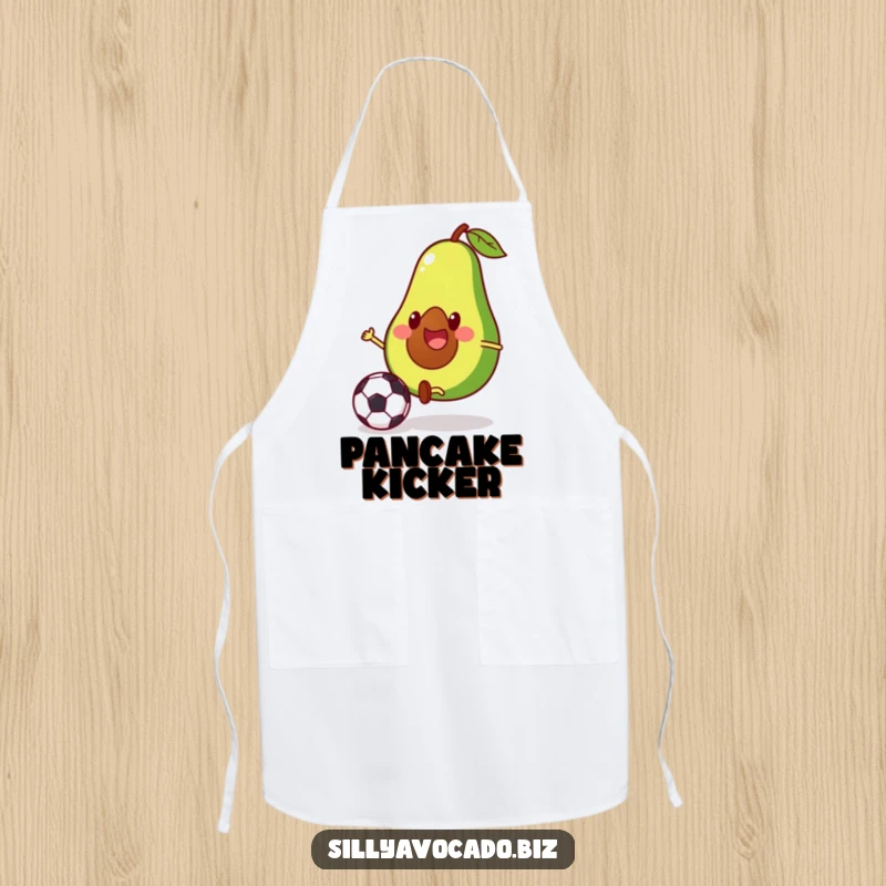 Funny apron showcasing a cheerful avocado with small legs playing soccer and kicking a ball while cooking.