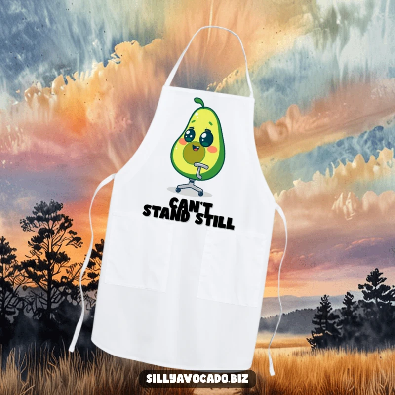 Funny dizzy avocado character spinning in a tiny office chair, protecting the wearer while cooking, on a kitchen apron.