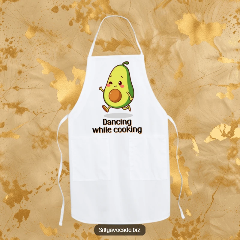 Funny apron showcasing an avocado character moonwalking with small, bouncy legs, adding humor and style to cooking.