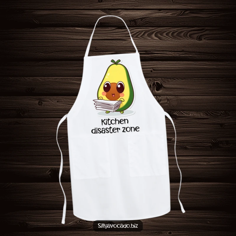 Funny surprised avocado character with wide eyes, dropping cooking papers, on a functional kitchen apron.