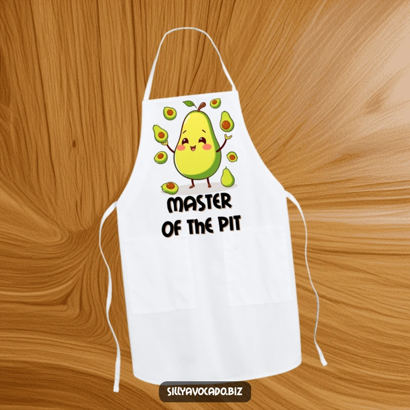 Funny apron showing a smiling avocado with legs, cheerfully juggling miniature avocados while cooking with humor.