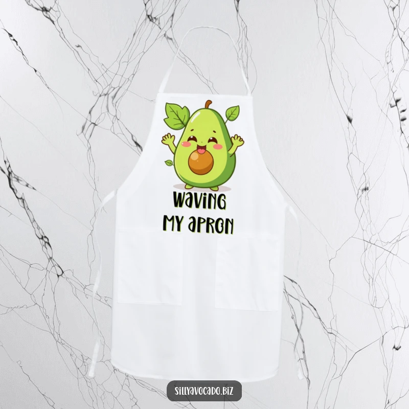 Funny apron displaying a giggling avocado character with leafy arms waving enthusiastically, a humorous and practical kitchen accessory.