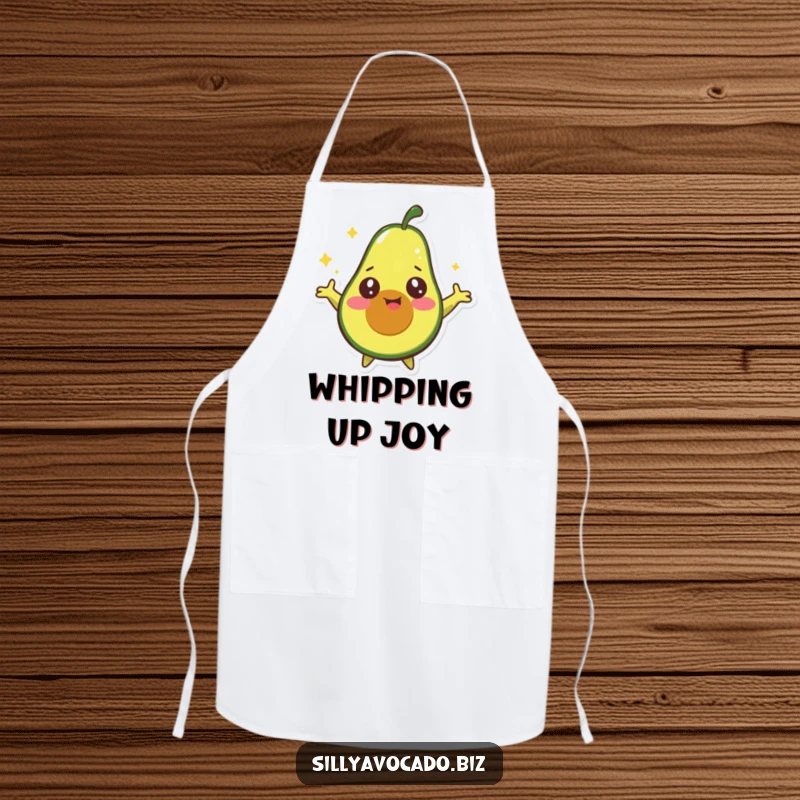 Funny Starry Avocado Apron showing a happy avocado with starry eyes spinning around with its arms outstretched, ideal for a whimsical cooking experience.