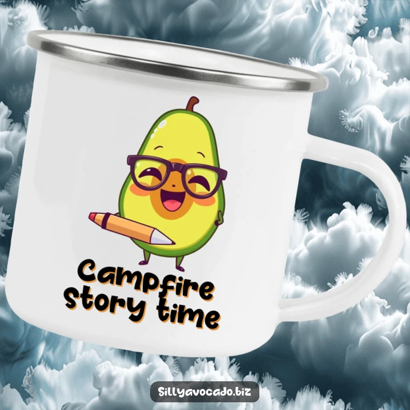 Funny camping mug with an avocado wearing tiny spectacles, laughing and holding a large pen, perfect for outdoor study.