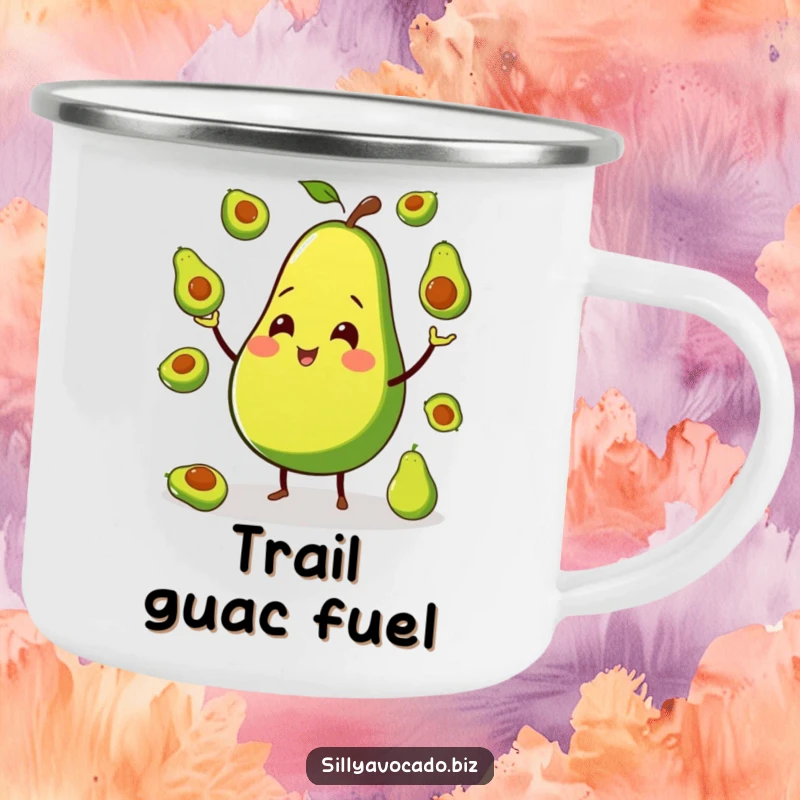 Funny camping mug with a smiling avocado on tiny legs, cheerfully juggling miniature avocados, perfect for outdoor adventures.