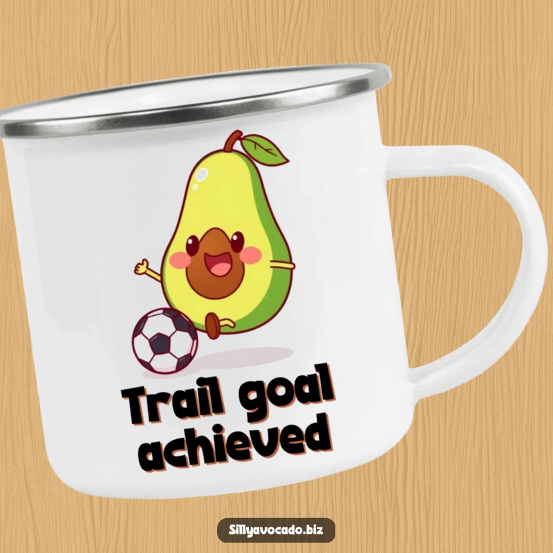 Funny camping mug featuring a cheerful avocado with tiny legs playing soccer, designed for outdoor fun.