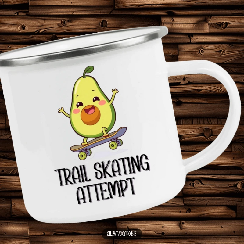 Funny camping mug featuring a smiling avocado attempting to ride a skateboard in a natural setting.