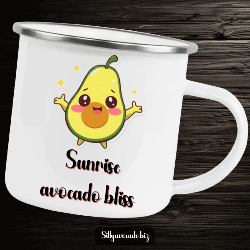 Funny Starry Avocado Camping Mug showing a happy avocado with starry eyes spinning around with its arms outstretched, perfect for whimsical outdoor humor.