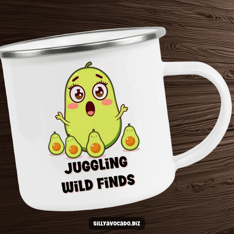 Funny camping mug showing a surprised avocado with big eyes juggling three little avocados, ready for the wild.