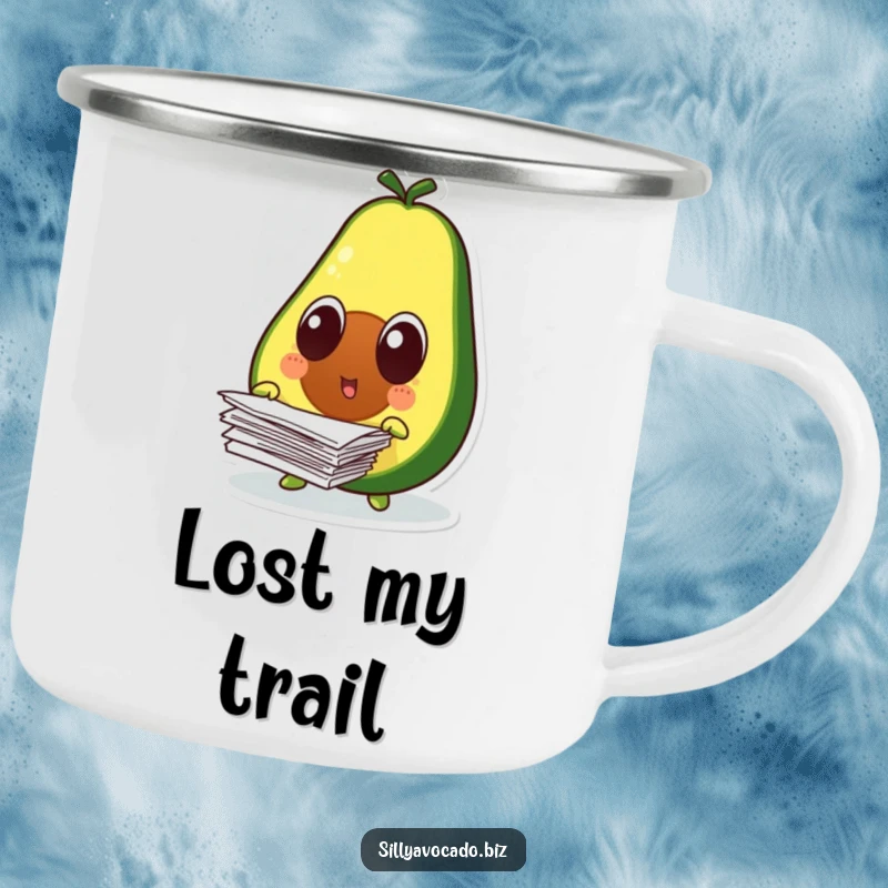 Funny surprised avocado character with wide eyes, dropping papers, on a durable camping mug.