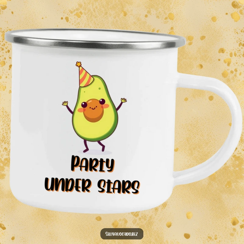 Funny camping mug featuring a party avocado character in a small hat, doing a silly dance for camp fun.