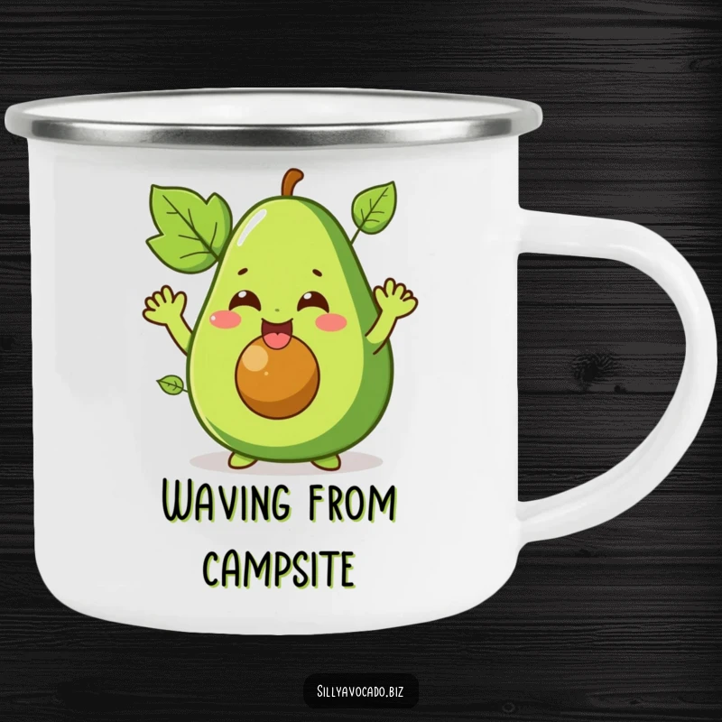 Funny camping mug featuring a giggling avocado character with leafy arms waving enthusiastically, perfect for outdoor fun and laughter.