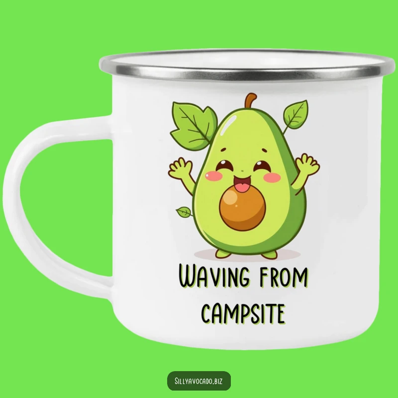 Funny Giggling Avocado Camping Mug: Waving Adventure Character - Great Funny Gift!