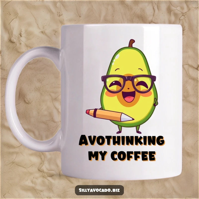 Funny mug with an avocado wearing tiny spectacles, laughing heartily while holding a large pen, looking intellectual.