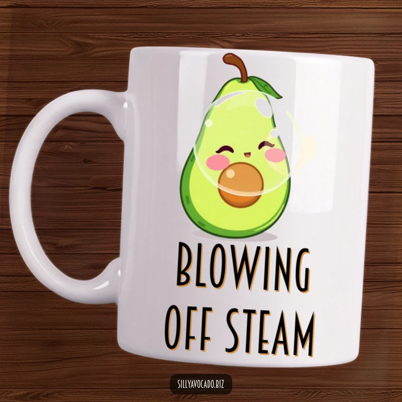 Funny mug featuring a rosy-cheeked avocado playfully blowing a giant, iridescent bubble with a happy expression.