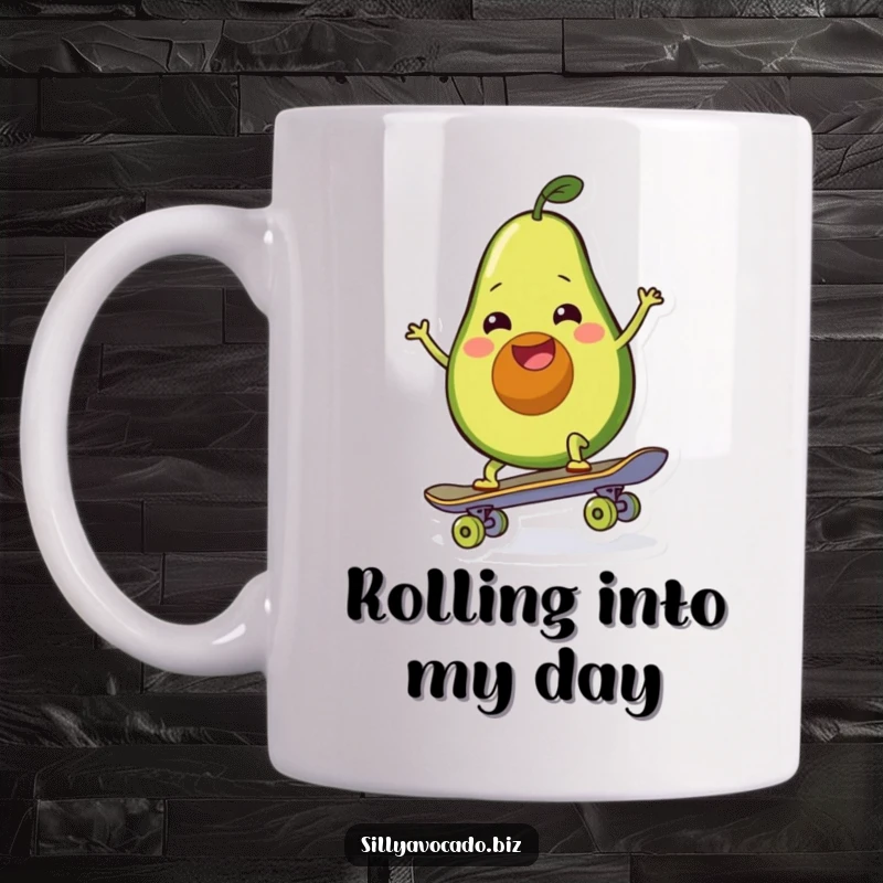 Funny mug featuring a happy, wiggling avocado attempting to ride a skateboard with a huge smile.