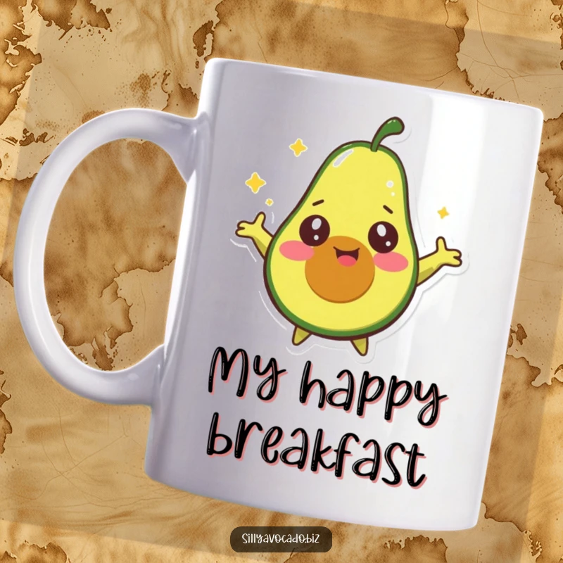 Funny Starry-Eyed Avocado Mug showing a happy avocado with wide, starry eyes spinning around joyfully with arms outstretched.