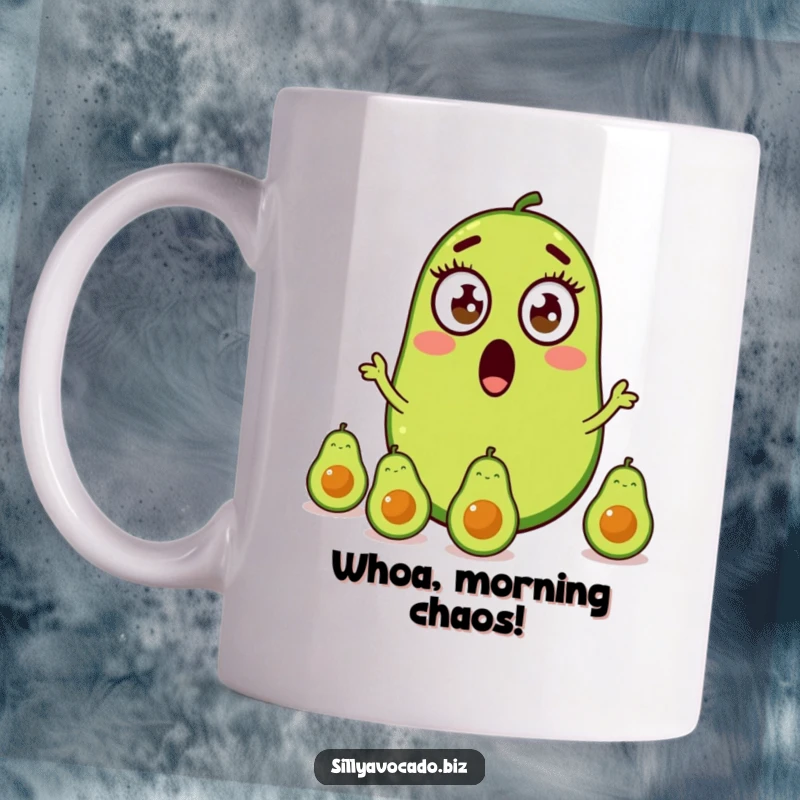 Funny mug featuring a surprised avocado with wide eyes expertly juggling three smaller avocados, looking overwhelmed yet happy.