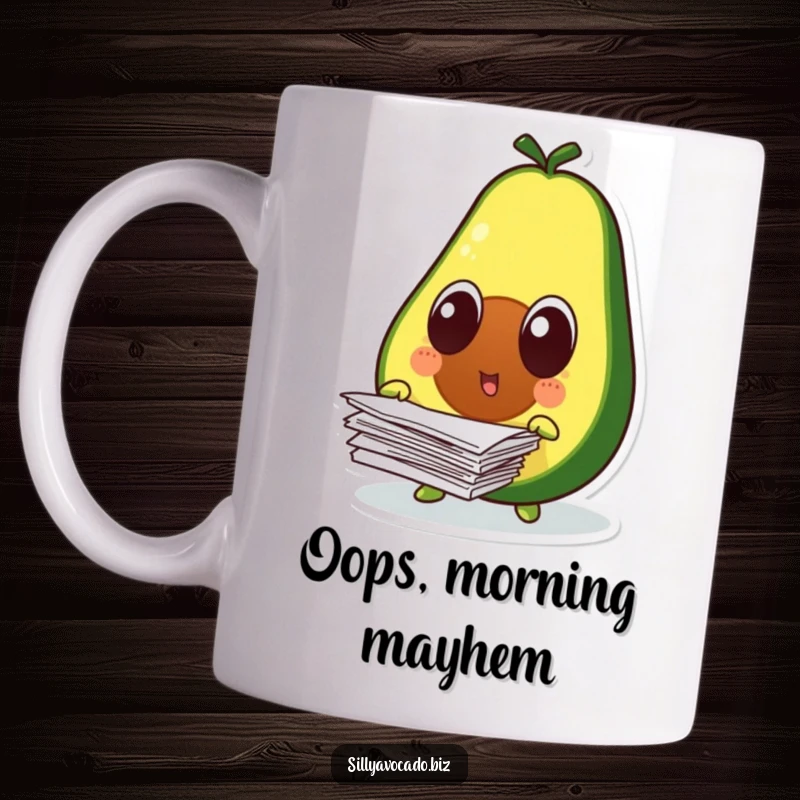 Funny surprised avocado character with wide eyes, dropping a stack of papers, on a ceramic coffee mug.