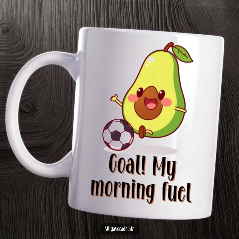 Funny mug featuring a cheerful avocado with tiny legs energetically kicking a soccer ball, ready for the game.