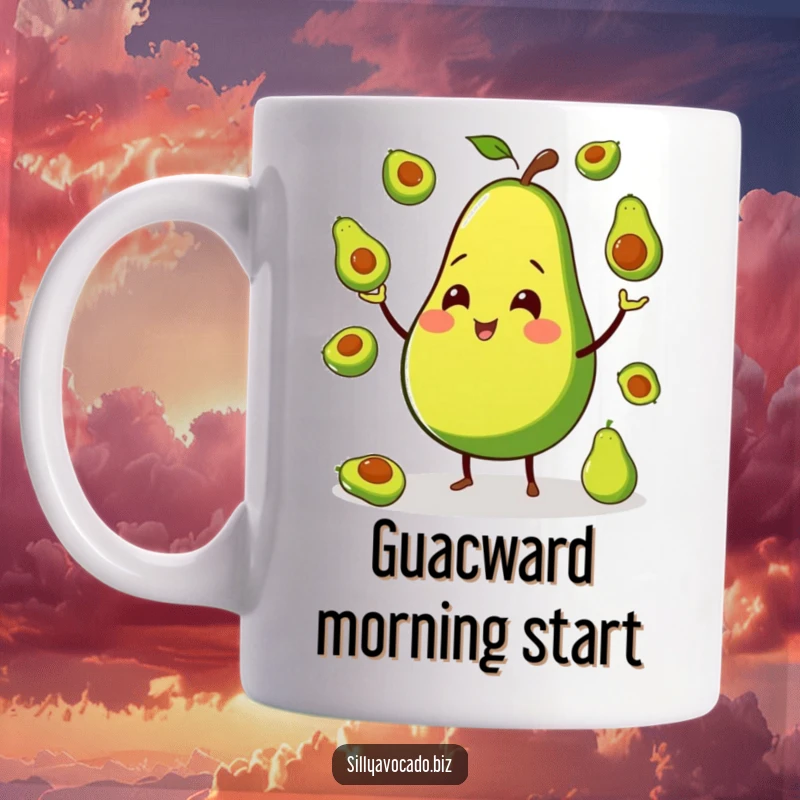 Funny mug with a smiling avocado on small legs, cheerfully juggling tiny avocados with a happy expression.