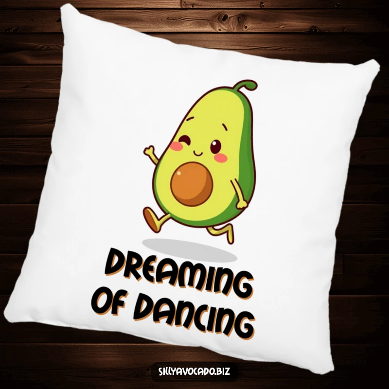 Funny pillow featuring an avocado character moonwalking with small, bouncy legs, a soft and humorous addition to any space.