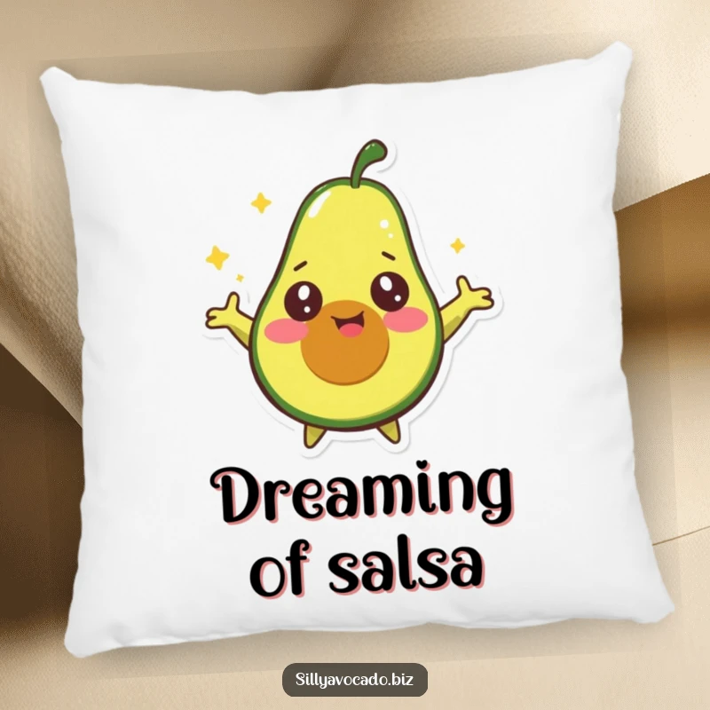 Funny Dizzy Avocado Pillow showing a happy avocado with starry eyes spinning around with its arms outstretched, perfect for a whimsical touch.