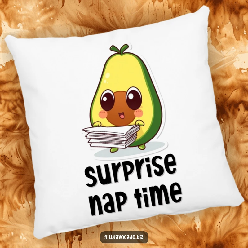 Funny surprised avocado character with wide eyes, dropping papers, on a soft decorative pillow.
