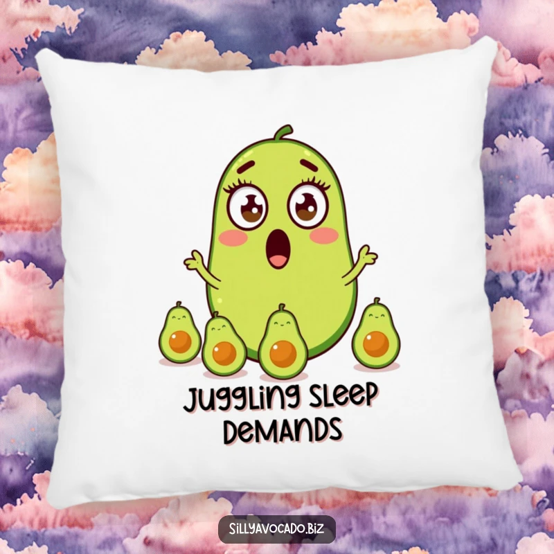 Funny pillow featuring a startled avocado with wide eyes showing off its juggling skills with three smaller avocados.