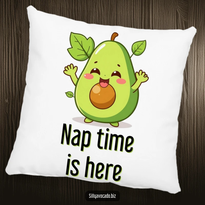 Funny pillow featuring a giggling avocado character with its leafy arms waving enthusiastically, a soft and humorous decorative item.