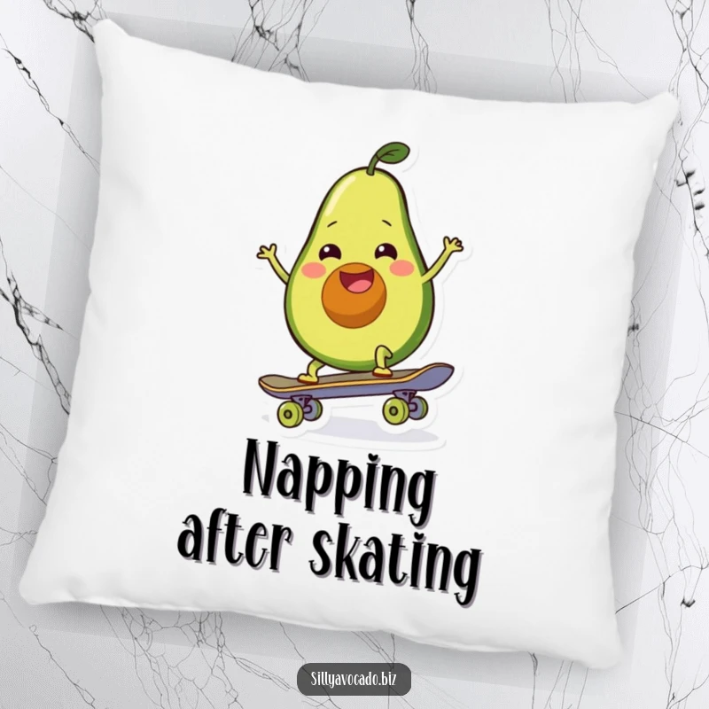 Funny pillow featuring a happy, wiggling avocado enthusiastically trying to ride a skateboard, bringing smiles.