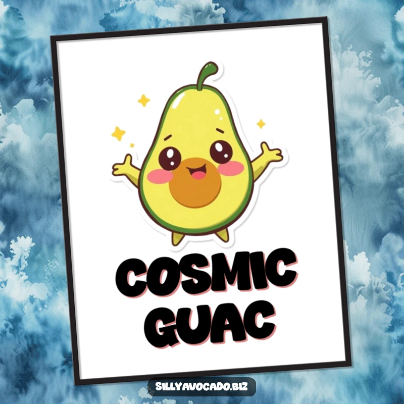Funny Starry Avocado Digital Art Print showing a happy avocado with starry eyes spinning around with its arms outstretched, full of whimsy.