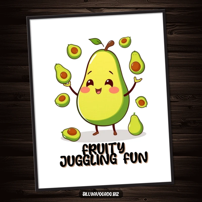 Funny digital art print of a smiling avocado on small legs, juggling miniature avocados, for instant whimsical decor.