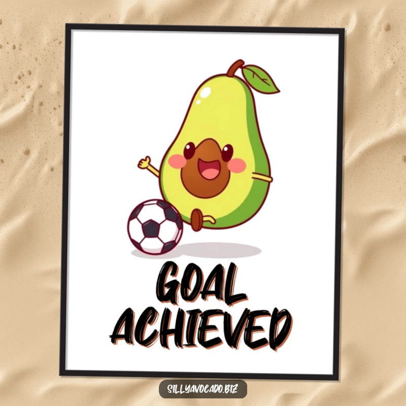 Funny digital art print of an avocado with small legs playing soccer, captured in a humorous action pose.