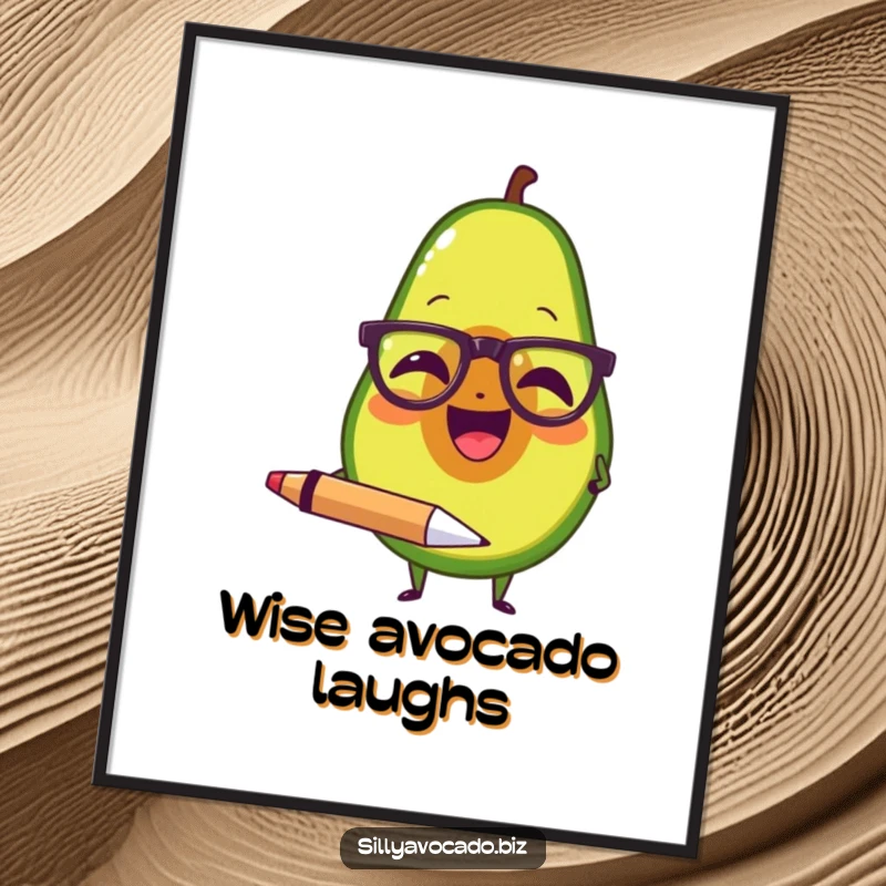 Funny digital art print of an avocado wearing tiny spectacles, laughing and holding a large pen, for instant witty decor.