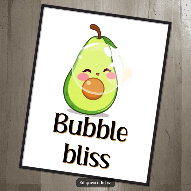 Funny digital art print of a rosy-cheeked avocado blowing a giant, shimmering bubble with a happy expression.
