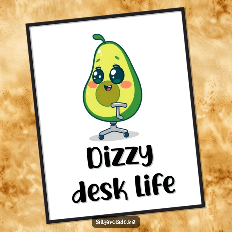 Funny dizzy avocado character in a comical spin inside his office chair, available as a high-resolution digital art file.