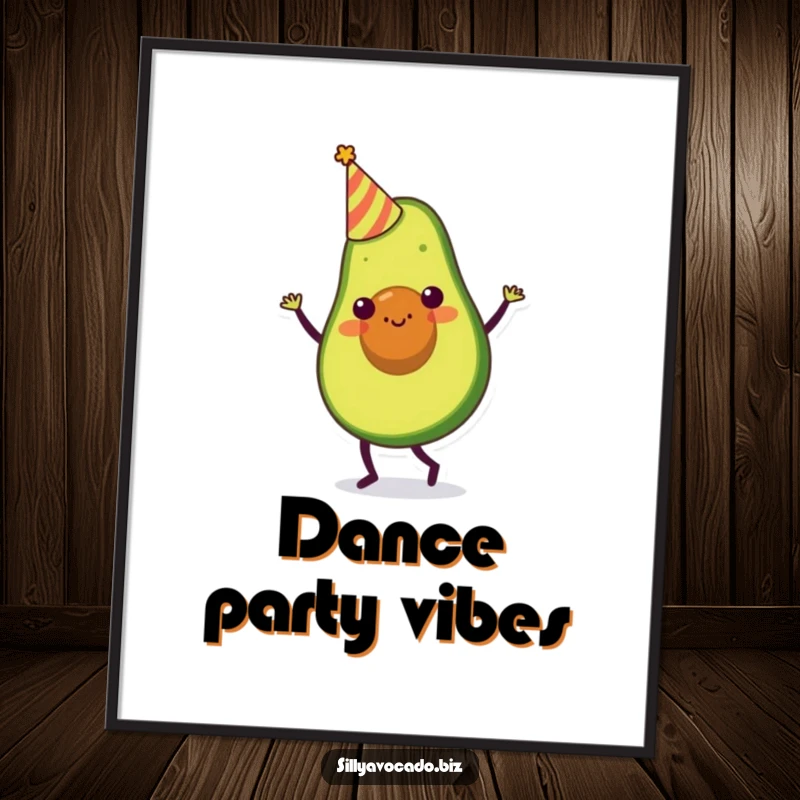 Funny digital art print of a party avocado character in a tiny hat, doing a silly dance with festive energy.