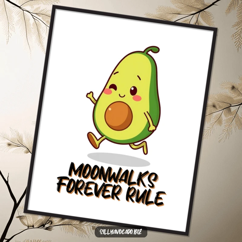 Funny digital art print of an avocado character moonwalking with small, bouncy legs, a dynamic and humorous piece.