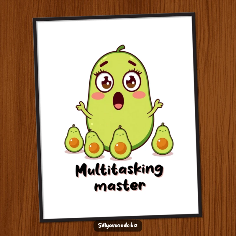 Funny digital art of a wide-eyed avocado juggling three smaller avocados, capturing a moment of comical surprise.