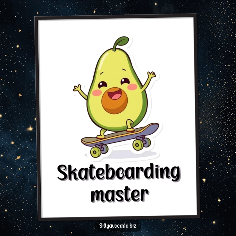 Funny digital art print of a wiggling avocado with a smile attempting to ride a skateboard, capturing movement.