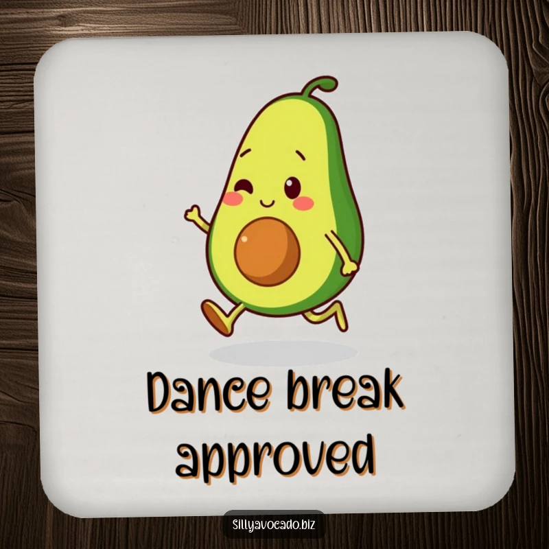 Funny coaster featuring an avocado character moonwalking with small, bouncy legs, protecting surfaces with a dance flair.