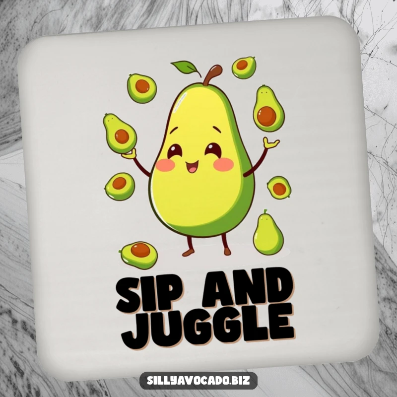 Funny drink coaster featuring a smiling avocado on small legs, juggling miniature avocados, adding fruit humor to tables.