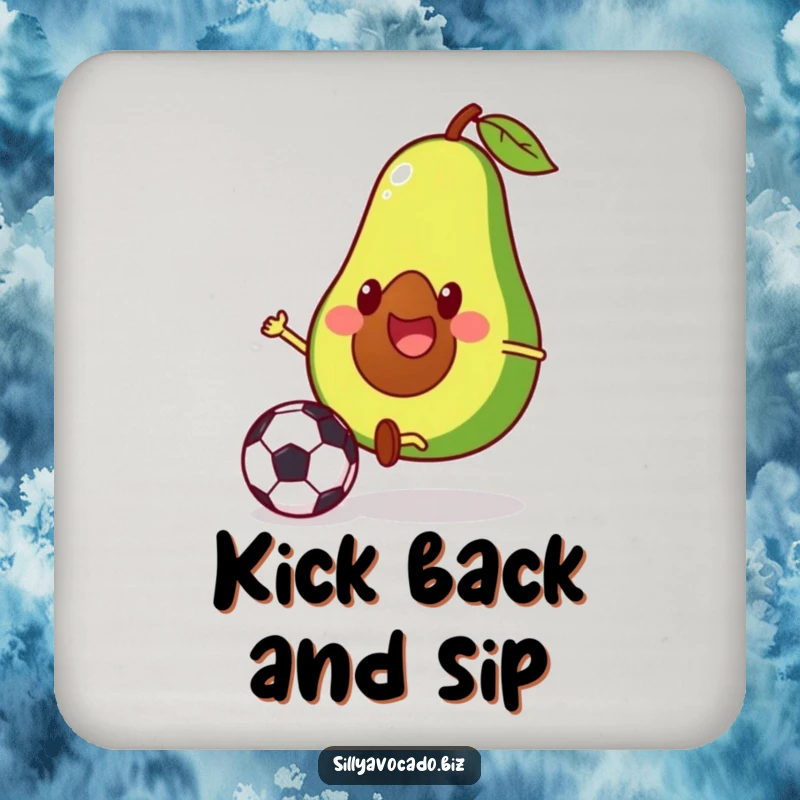 Funny drink coaster depicting a happy avocado with little legs kicking a soccer ball, adding humor to drinks.
