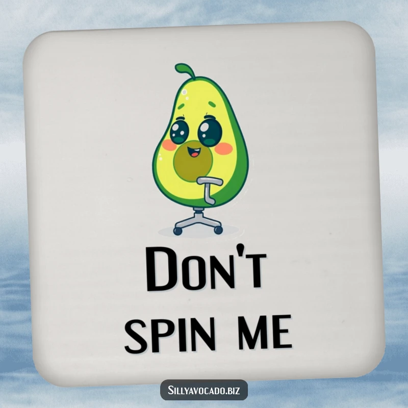 Funny dizzy avocado character spinning in a tiny office chair, protecting tabletops, as a humorous drink coaster.