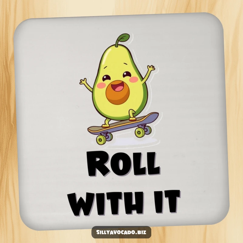 Funny drink coaster of a happy avocado trying to balance and ride a skateboard, adding humor to drinks.