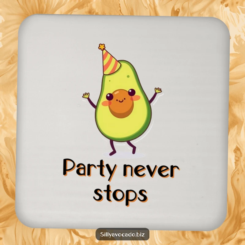 Funny coaster featuring a party avocado character in a tiny hat, doing a silly dance with festive flair.