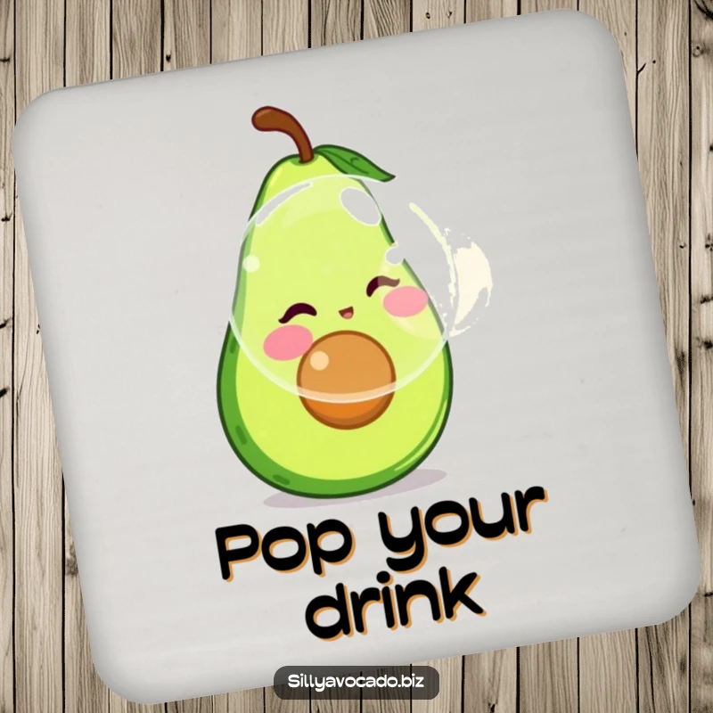 Funny drink coaster of a rosy-cheeked avocado blowing a giant bubble, adding humor to drinks.