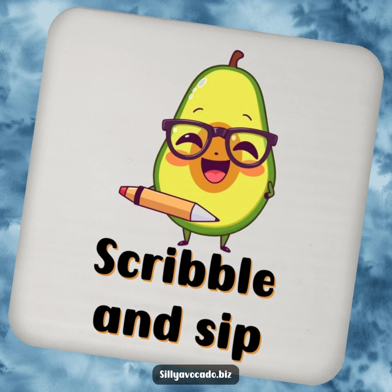 Funny drink coaster featuring an avocado with spectacles, laughing and holding a large pen, adding intellectual humor.